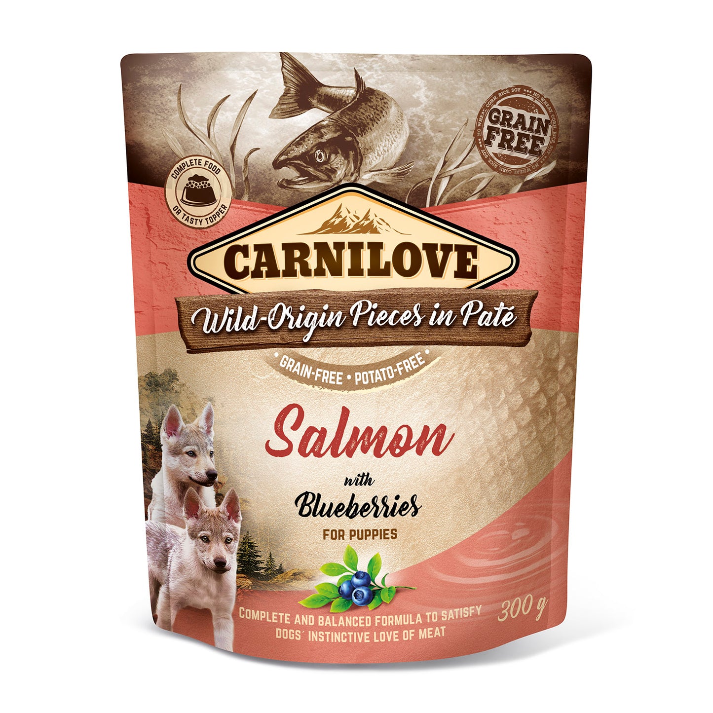 Carnilove Dog Pouch Paté Salmon & Blueber Puppies 300g - Vysoce stravitelné a dietní maso z lososa pro podporu zdraví trávicího traktu a optimální kondice