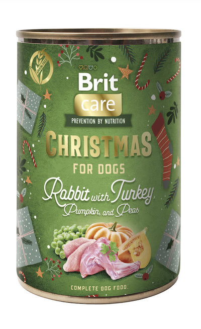Brit Care Dog Christmas can Rabbit & Turkey 400g – vánoční konzerva s králíkem, krůtou, dýní a hráškem pro dospělé psy všech plemen