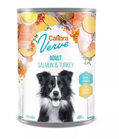 Calibra Dog Verve Adult 400g-konzerva s lososem a krůtím masem pro dospělé psy