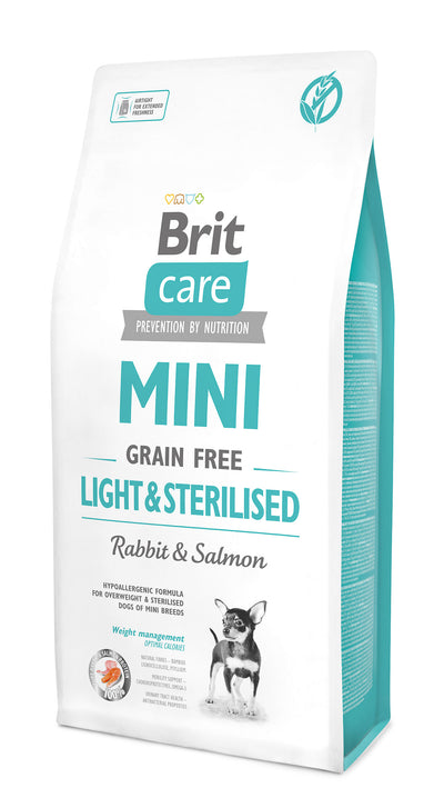 Brit Care Mini Grain-free Light & Sterilised – hypoalergenní granule s králíkem a lososem pro dospělé psy malých plemen s nadváhou nebo po kastraci