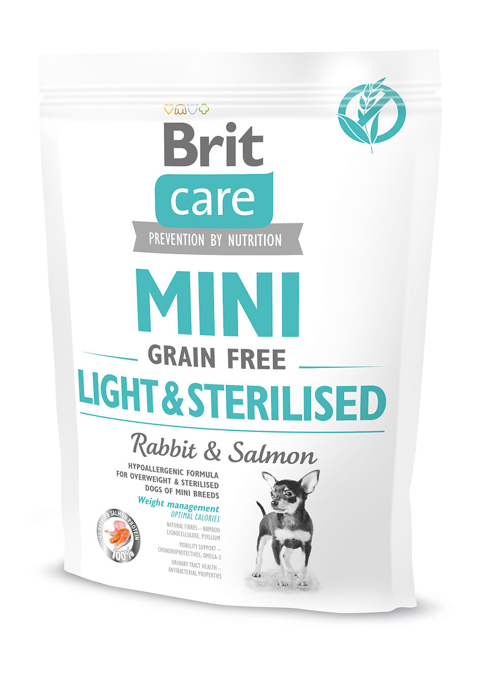 Brit Care Mini Grain-free Light & Sterilised – hypoalergenní granule s králíkem a lososem pro dospělé psy malých plemen s nadváhou nebo po kastraci